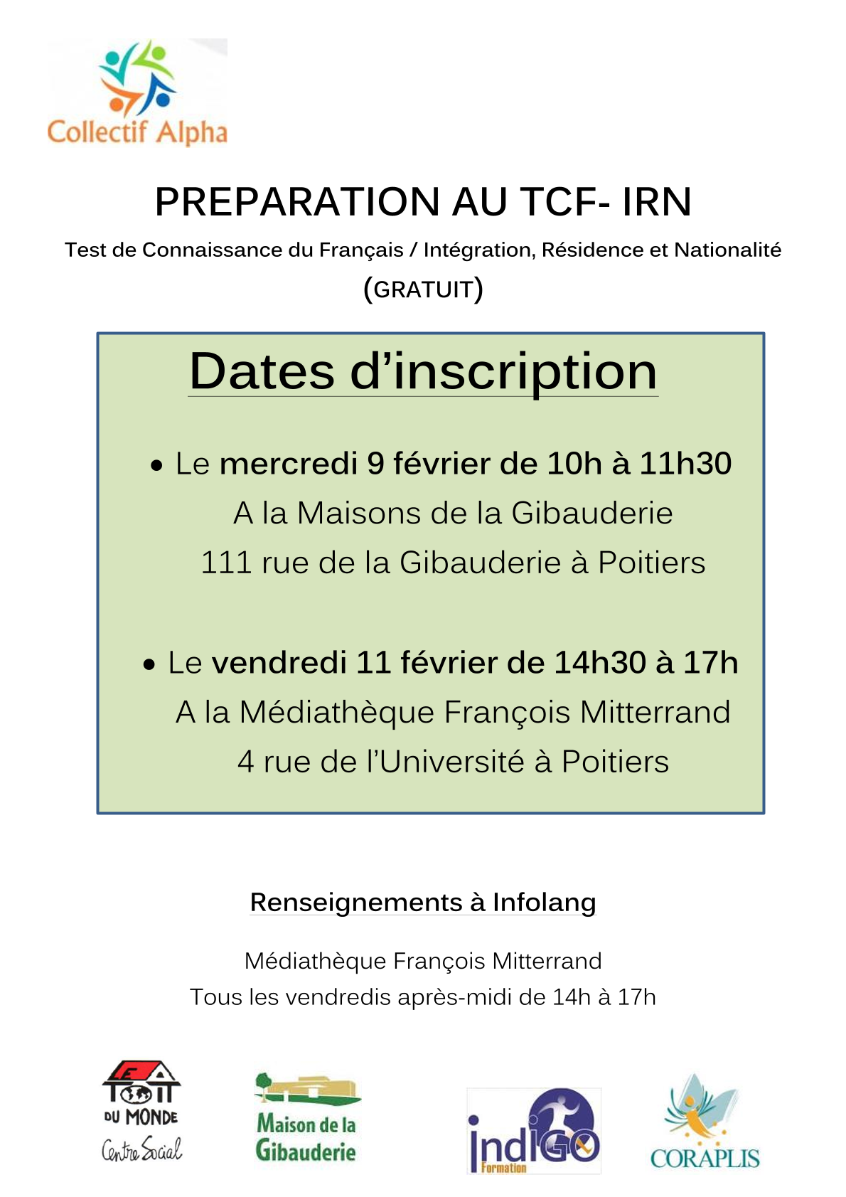 Entraînement aux tests de français : inscriptions - 9 et 11 février 2022 |  Toit du Monde Centre social interculturel